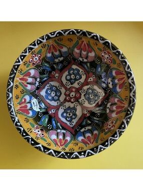 Turkish Hand-Painted Floral Small Ceramic Bowl in Yellow, Blue, Red and Green